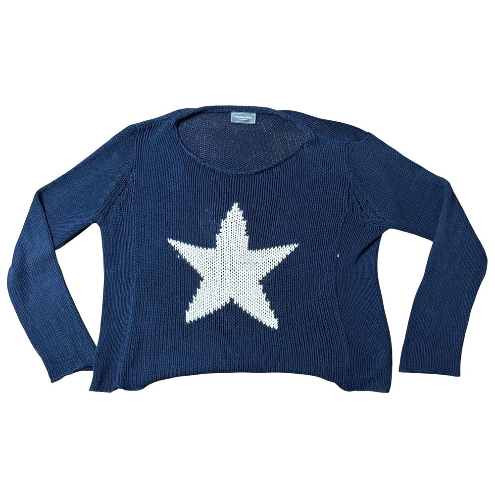 Wooden Ships Paola Buendia Navy Blue Star Knit Sweater Womens M/L Cropped Scoop - Picture 2 of 10